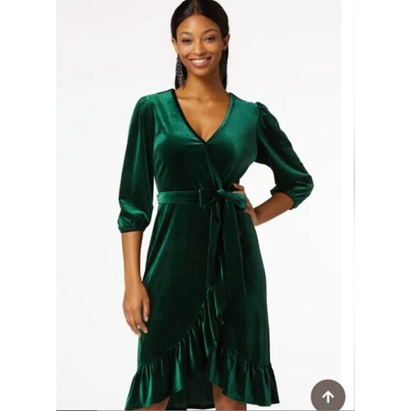 Cato Faux Wrap Velvet Dress Emerald Green Ruffle XL Holiday Belted Goth Witchy - Picture 1 of 9